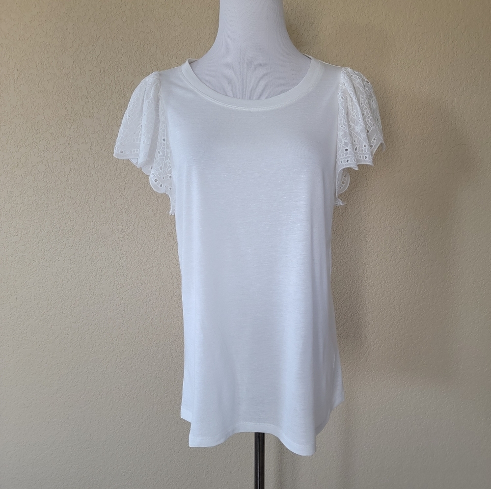 NWT Rebecca Taylor Livy Eyelet-Sleeve Jersey Top In Milk, Size XL
